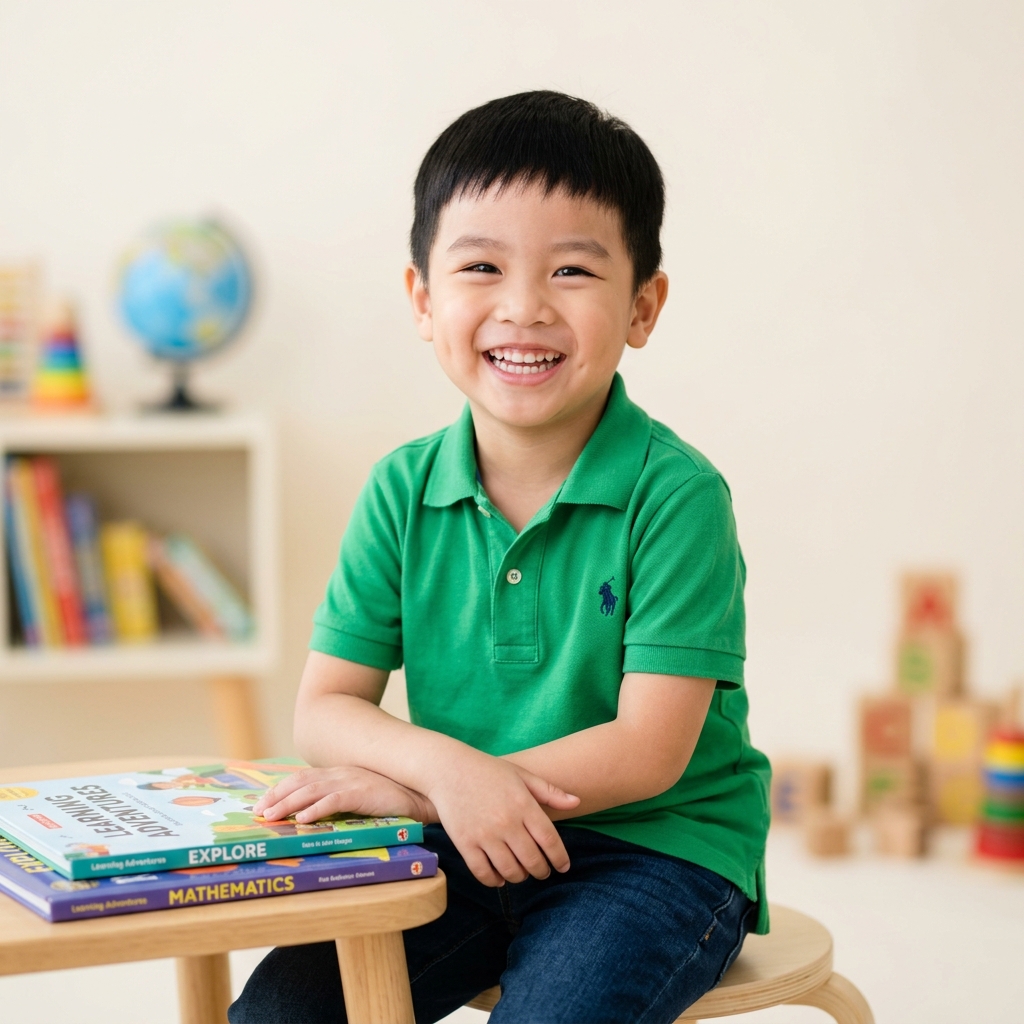 Bé trai 5-6 tuổi vui vẻ học tiếng Anh